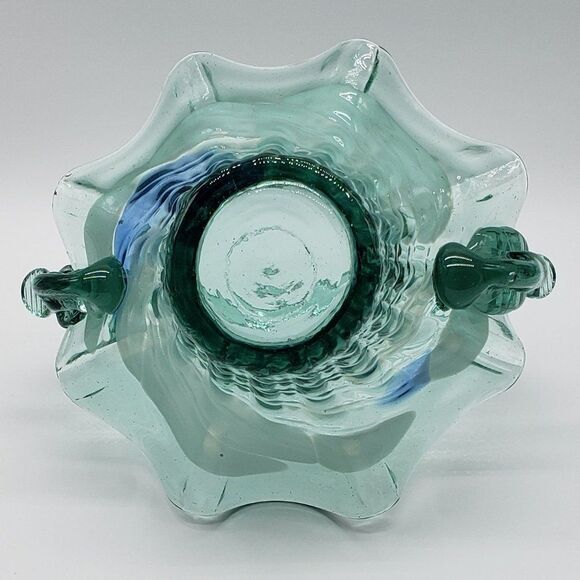Teal White Blue Art Glass Ruffled Waffle Fruit Basket with Handle - Picture 5 of 15